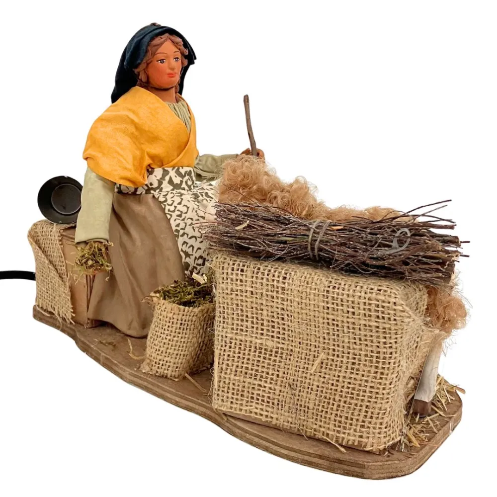 Animated Terracotta Woman Feeding a Sheep - 25 cm