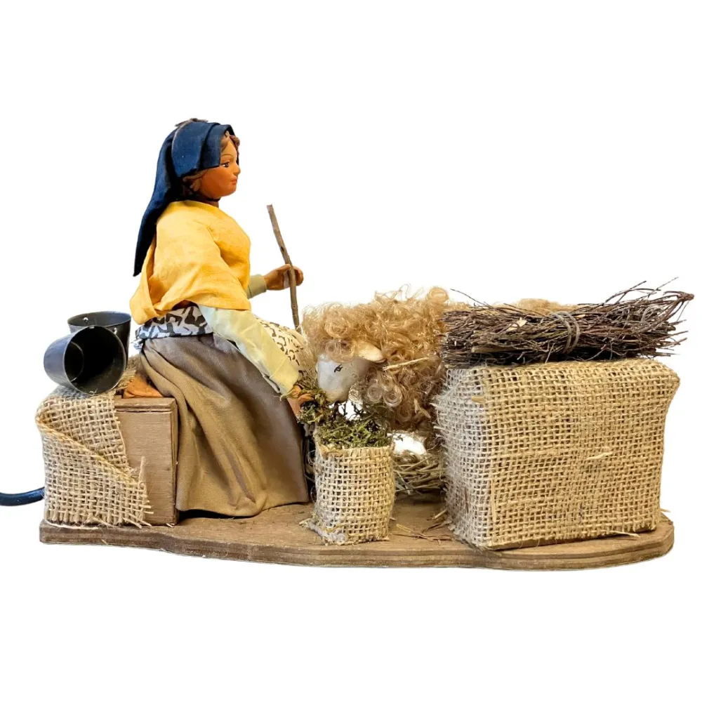Animated Terracotta Woman Feeding a Sheep - 25 cm