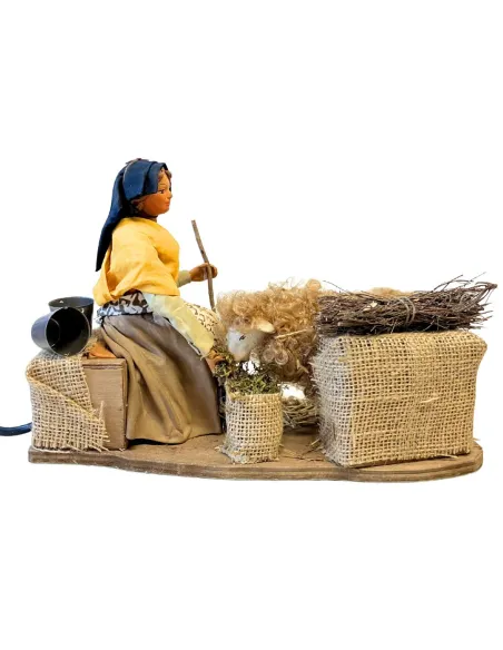 Animated Terracotta Woman Feeding a Sheep - 25 cm