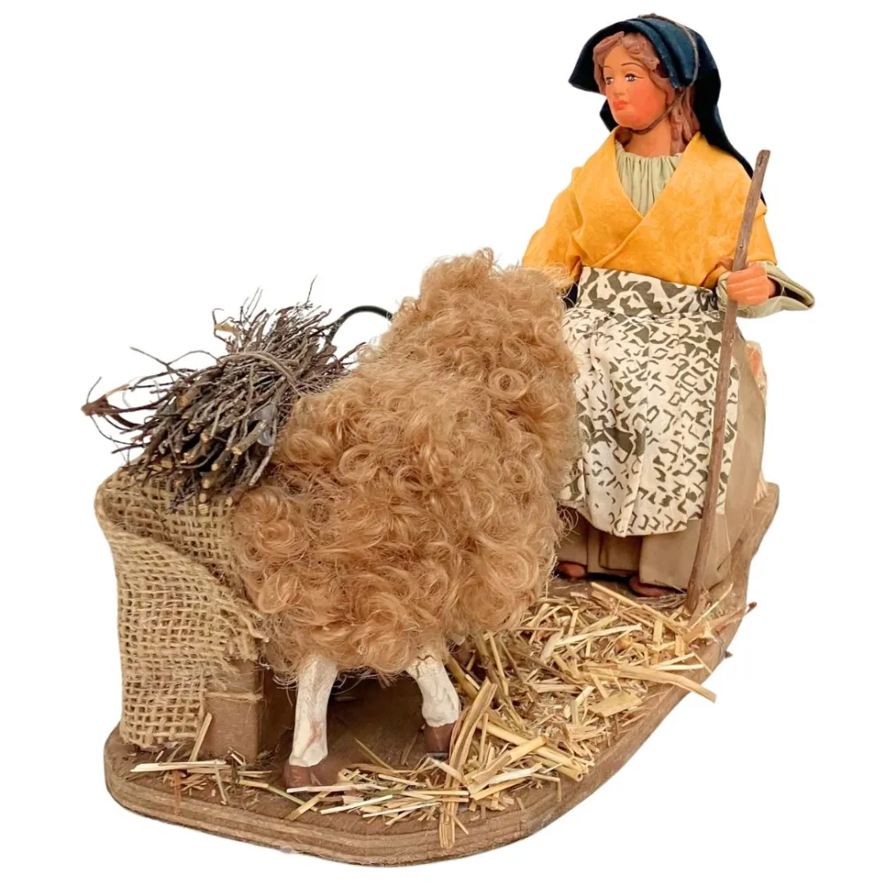Animated Terracotta Woman Feeding a Sheep - 25 cm