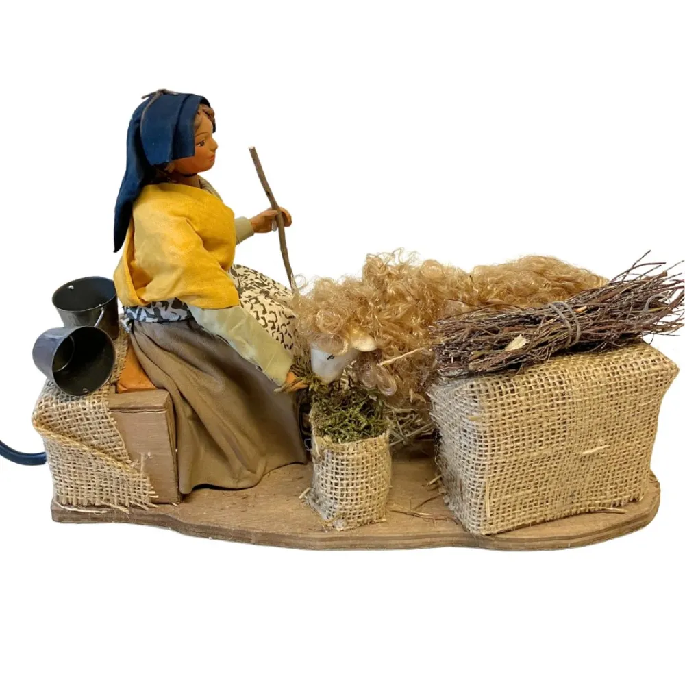 Animated Terracotta Woman Feeding a Sheep - 25 cm