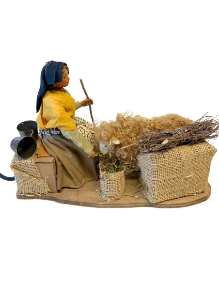 Animated Terracotta Woman Feeding a Sheep - 25 cm