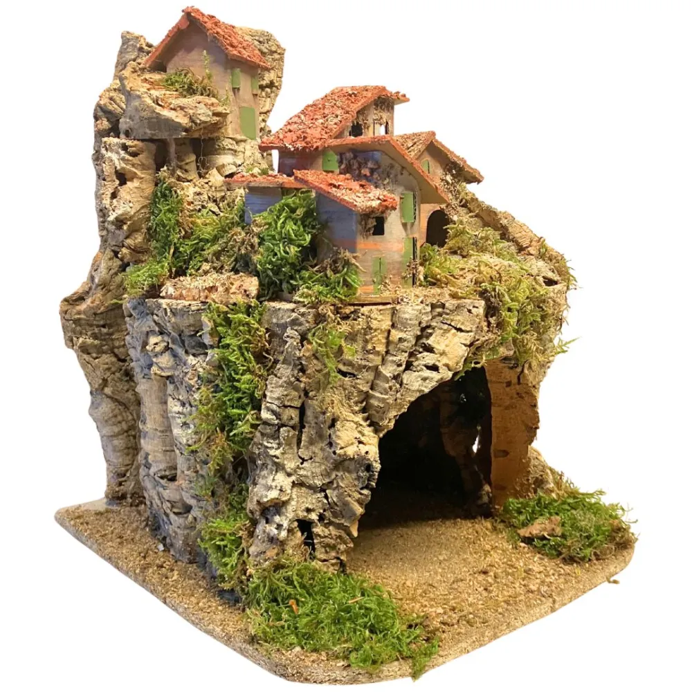 Borgo in legno e sughero per Natività da 8-10 cm completo di luci