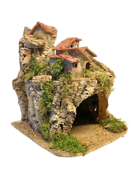 Borgo in legno e sughero per Natività da 8-10 cm completo di luci
