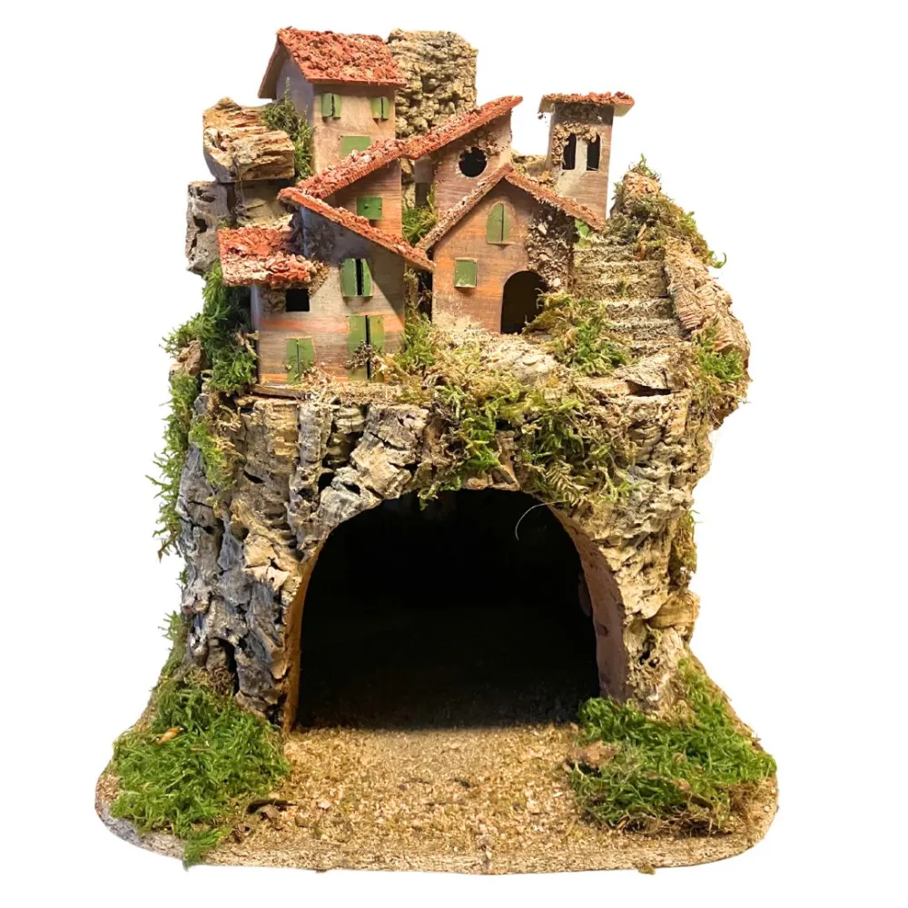 Borgo in legno e sughero per Natività da 8-10 cm completo di luci