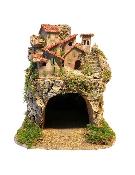 Borgo in legno e sughero per Natività da 8-10 cm completo di luci