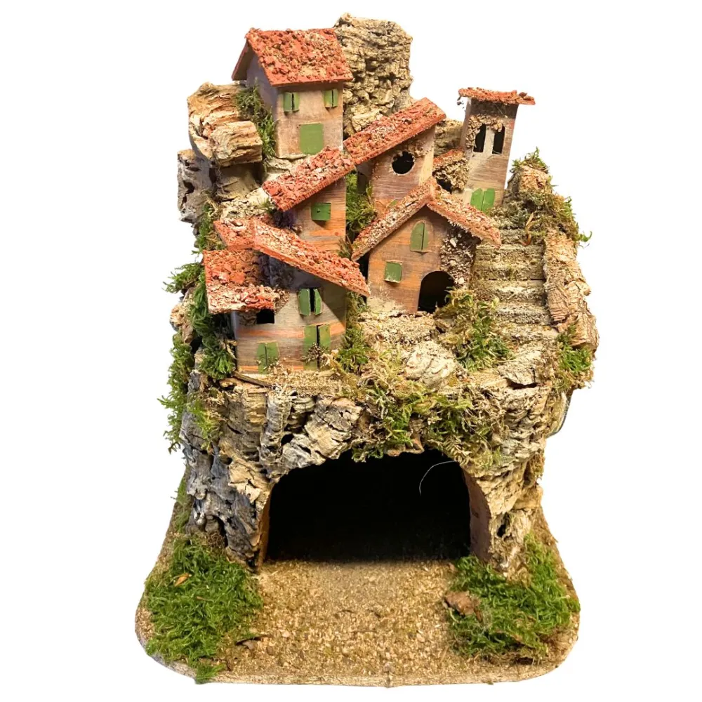 Borgo in legno e sughero per Natività da 8-10 cm completo di luci