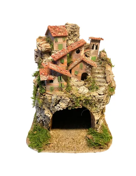 Borgo in legno e sughero per Natività da 8-10 cm completo di luci