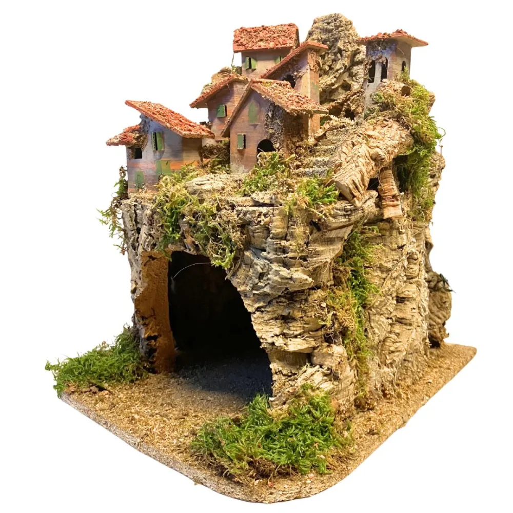 Borgo in legno e sughero per Natività da 8-10 cm completo di luci