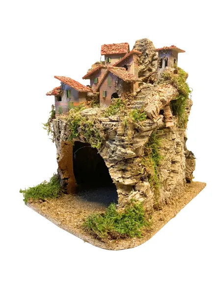 Borgo in legno e sughero per Natività da 8-10 cm completo di luci