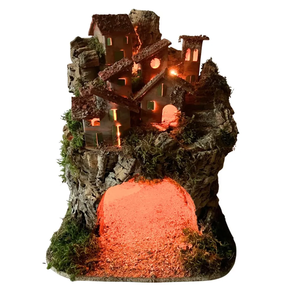 Borgo in legno e sughero per Natività da 8-10 cm completo di luci