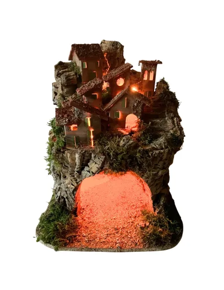 Borgo in legno e sughero per Natività da 8-10 cm completo di luci