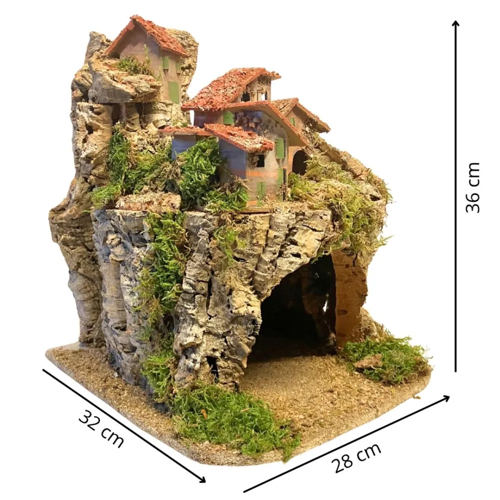 Borgo in legno e sughero per Natività da 8-10 cm completo di luci