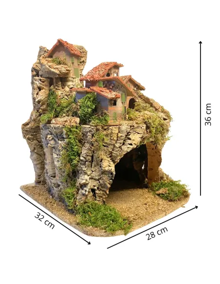 Borgo in legno e sughero per Natività da 8-10 cm completo di luci