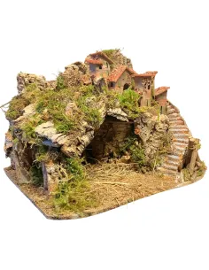 Borgo in legno e sughero per Natività da 8-10 cm completo di scale, fuoco e luci 2
