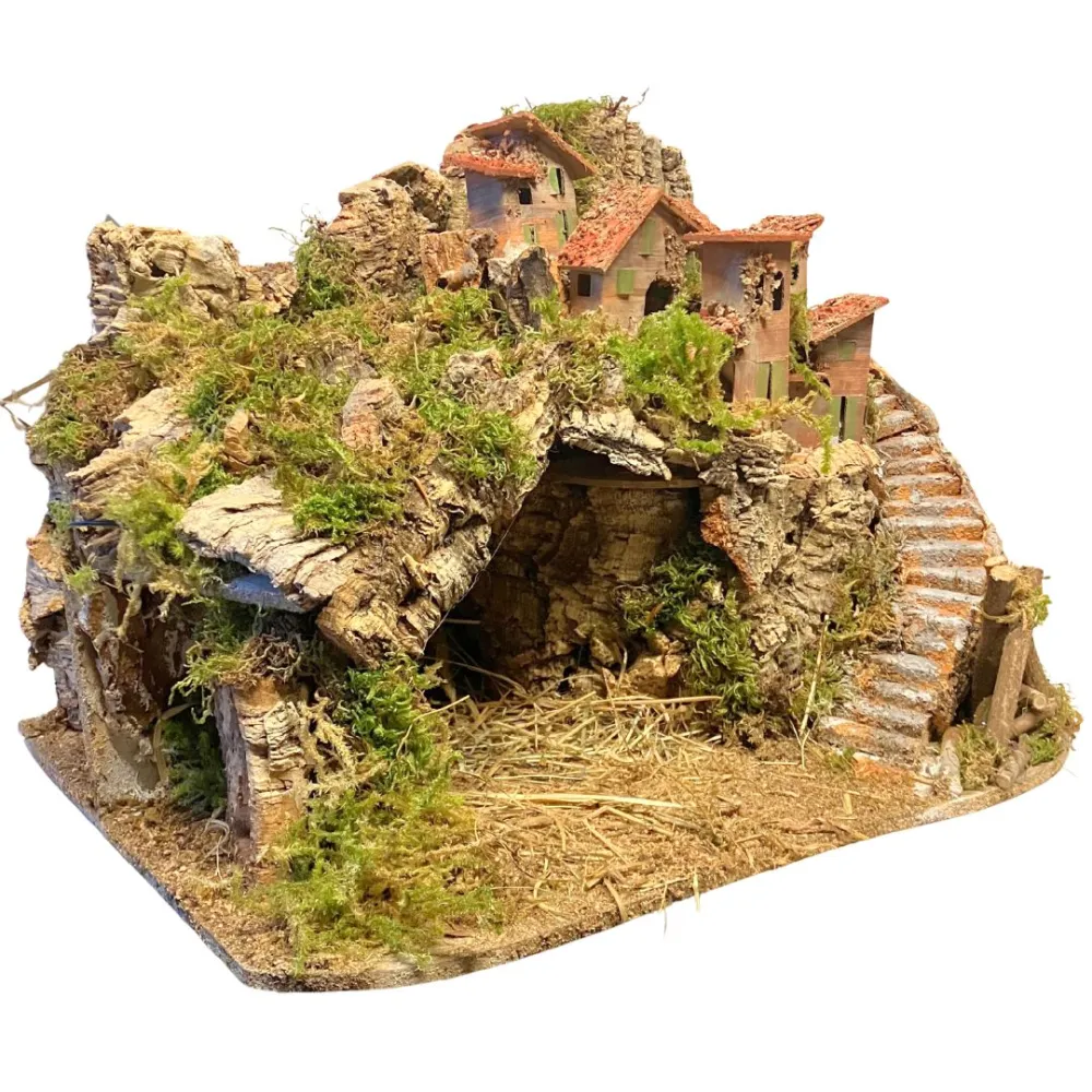 Borgo in legno e sughero per Natività da 8-10 cm completo di scale, fuoco e luci