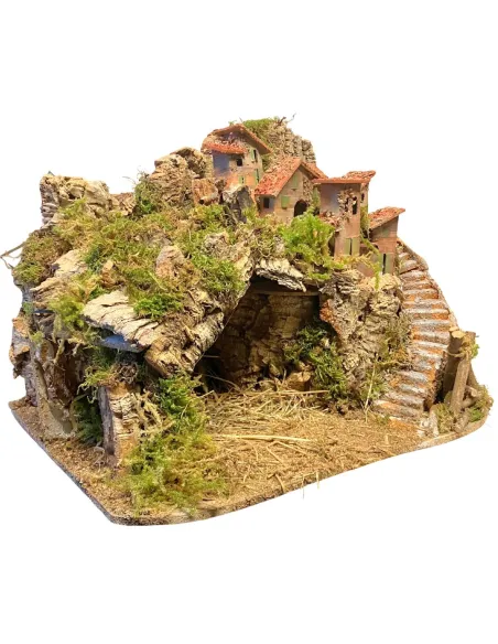 Wooden and Cork Nativity Village with Staircase, Fire Effect and Lights for 8–10 cm Nativity Figures