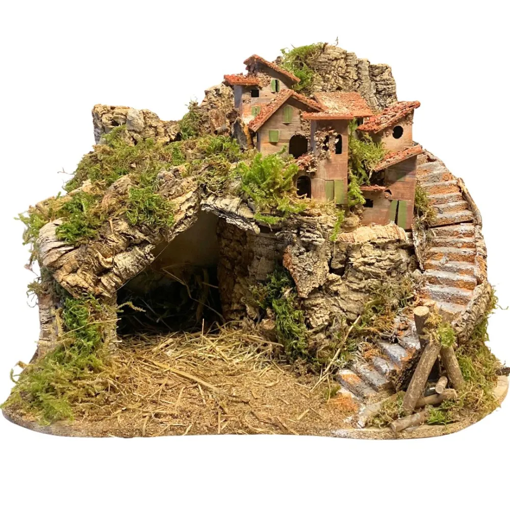 Borgo in legno e sughero per Natività da 8-10 cm completo di scale, fuoco e luci