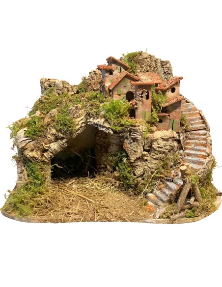 Borgo in legno e sughero per Natività da 8-10 cm completo di scale, fuoco e luci