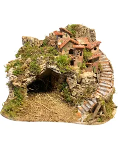 Borgo in legno e sughero per Natività da 8-10 cm completo di scale, fuoco e luci