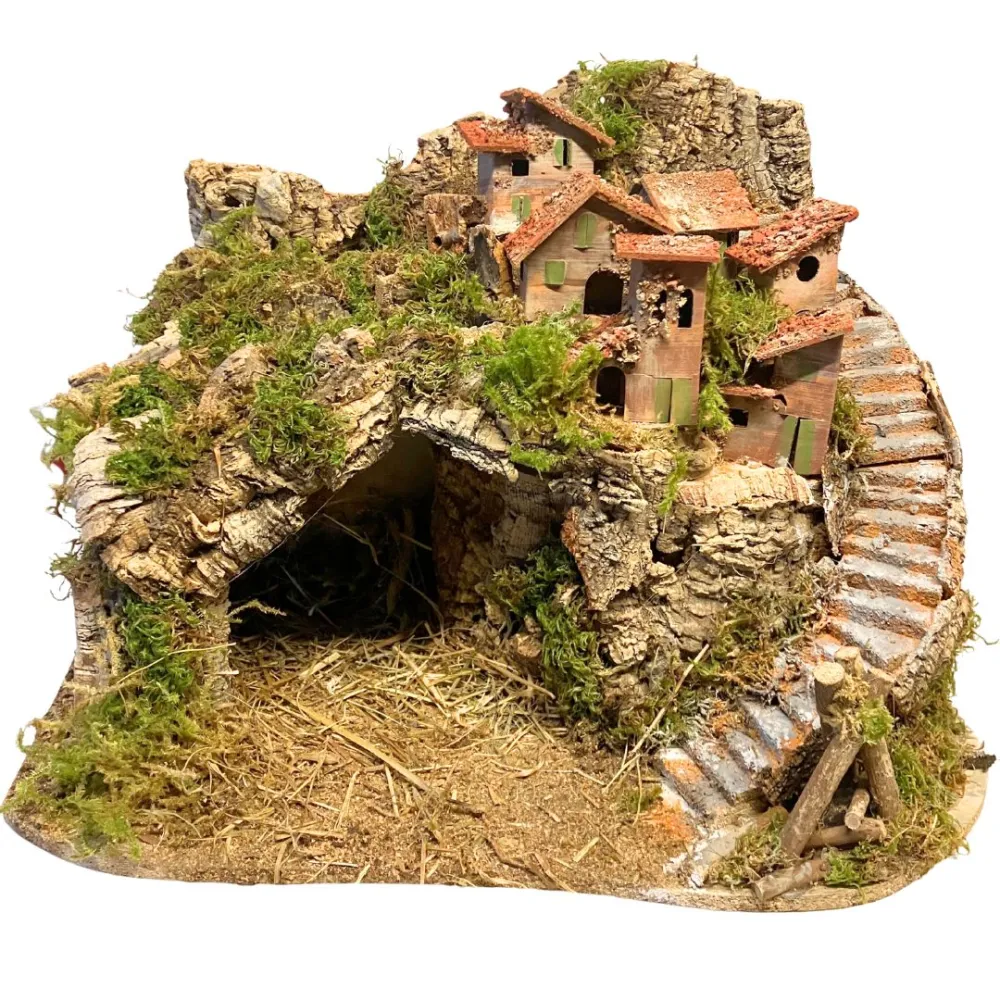 Borgo in legno e sughero per Natività da 8-10 cm completo di scale, fuoco e luci