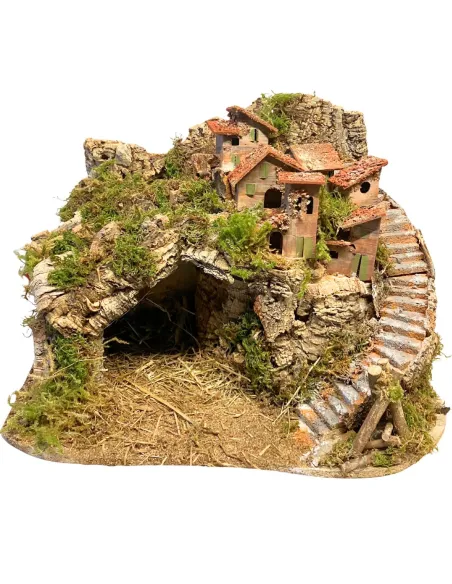 Borgo in legno e sughero per Natività da 8-10 cm completo di scale, fuoco e luci