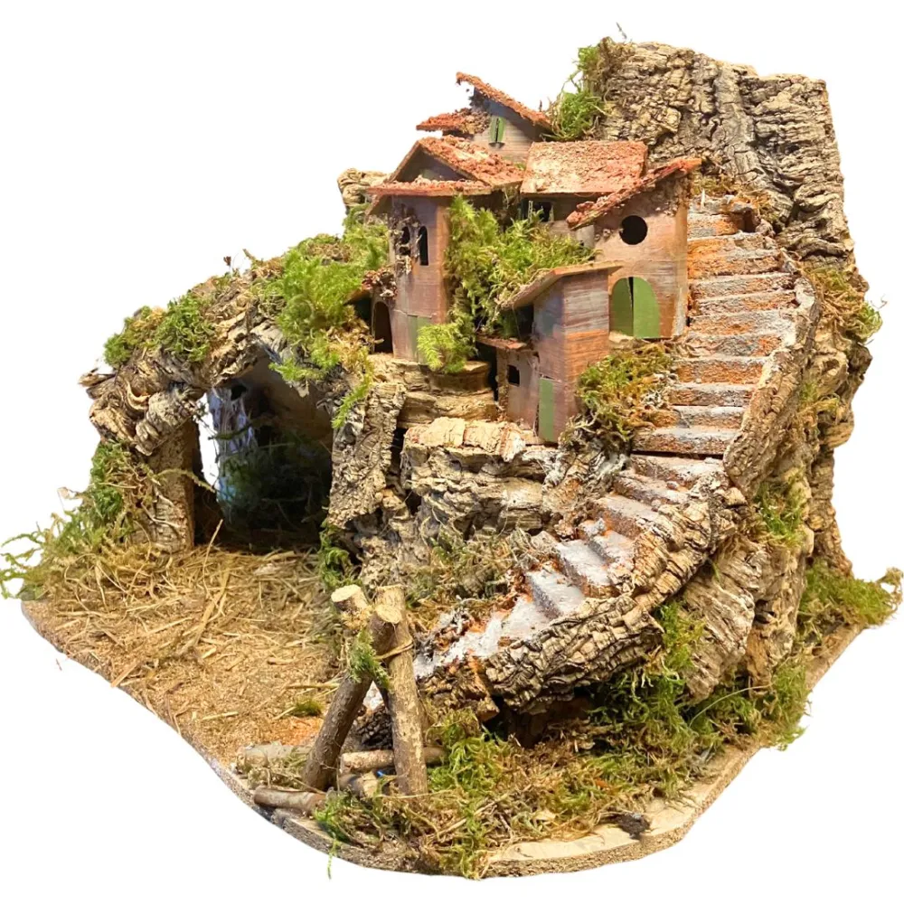 Borgo in legno e sughero per Natività da 8-10 cm completo di scale, fuoco e luci