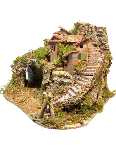 Borgo in legno e sughero per Natività da 8-10 cm completo di scale, fuoco e luci