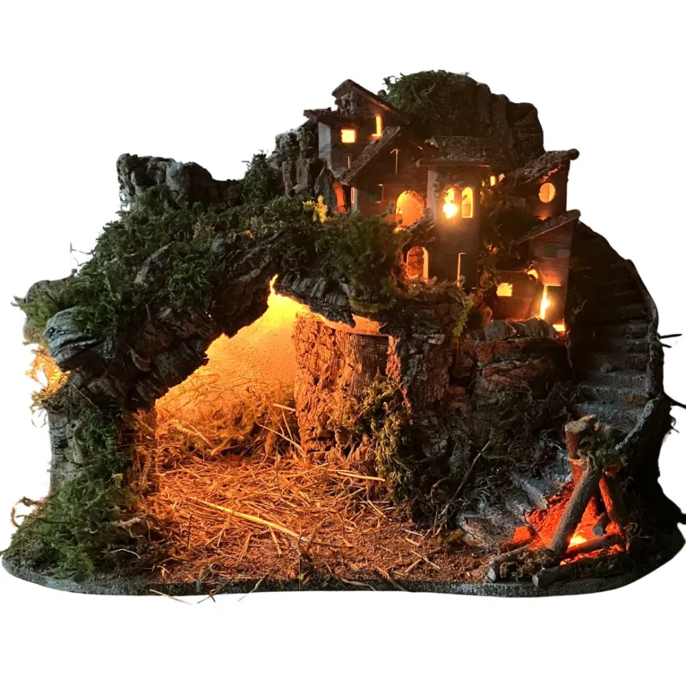 Borgo in legno e sughero per Natività da 8-10 cm completo di scale, fuoco e luci