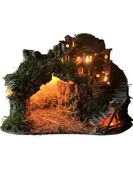 Wooden and Cork Nativity Village with Staircase, Fire Effect and Lights for 8–10 cm Nativity Figures