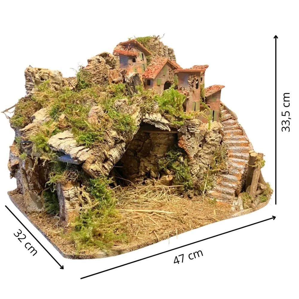 Borgo in legno e sughero per Natività da 8-10 cm completo di scale, fuoco e luci
