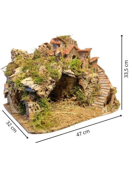 Borgo in legno e sughero per Natività da 8-10 cm completo di scale, fuoco e luci