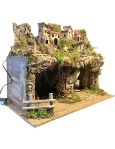 Borgo in legno e sughero per Natività da 12 con specchio, luci e fuoco 2