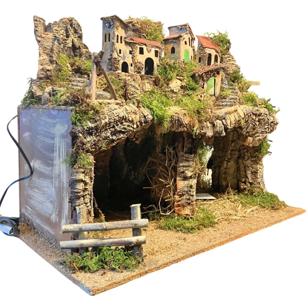 Borgo in legno e sughero per Natività da 12 con specchio, luci e fuoco