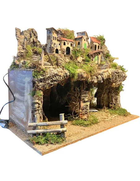 Borgo in legno e sughero per Natività da 12 con specchio, luci e fuoco