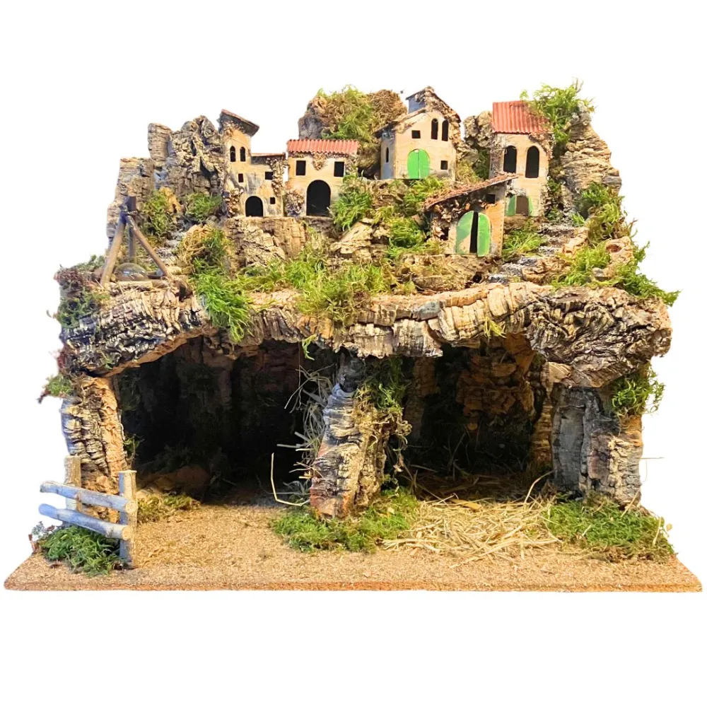 Borgo in legno e sughero per Natività da 12 con specchio, luci e fuoco
