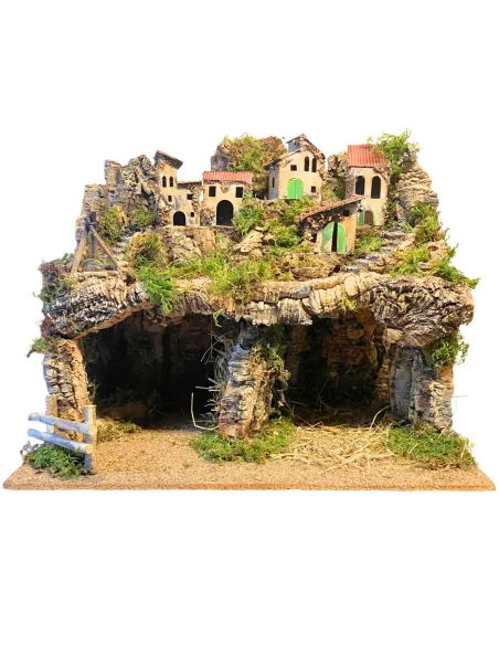 Borgo in legno e sughero per Natività da 12 con specchio, luci e fuoco