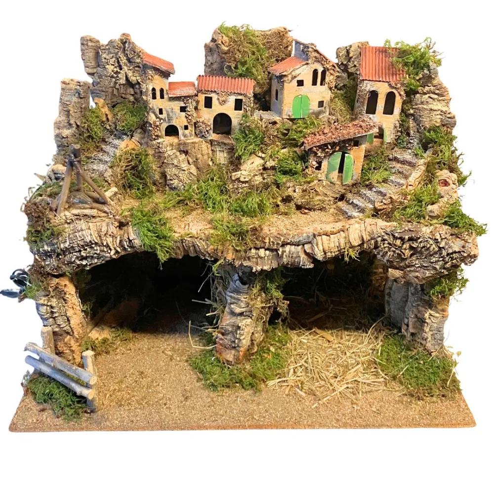 Borgo in legno e sughero per Natività da 12 con specchio, luci e fuoco