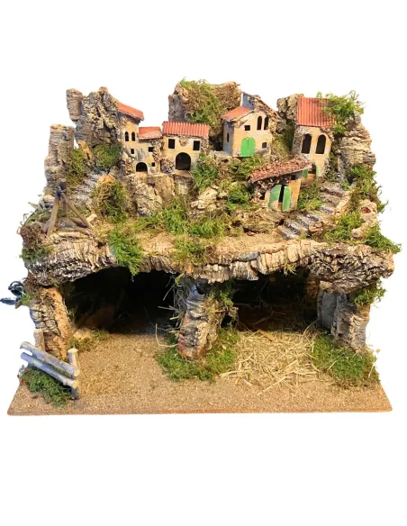 Borgo in legno e sughero per Natività da 12 con specchio, luci e fuoco