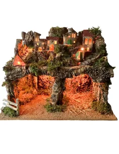 Borgo in legno e sughero per Natività da 12 con specchio, luci e fuoco
