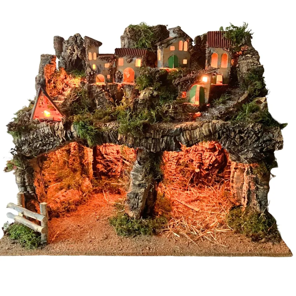 Borgo in legno e sughero per Natività da 12 con specchio, luci e fuoco