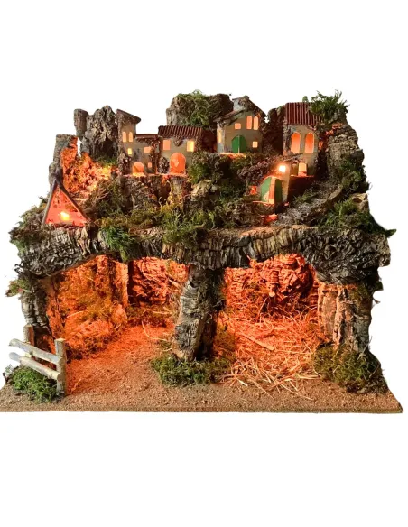 Borgo in legno e sughero per Natività da 12 con specchio, luci e fuoco