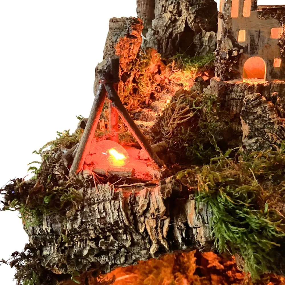 Borgo in legno e sughero per Natività da 12 con specchio, luci e fuoco