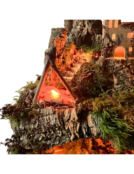 Borgo in legno e sughero per Natività da 12 con specchio, luci e fuoco