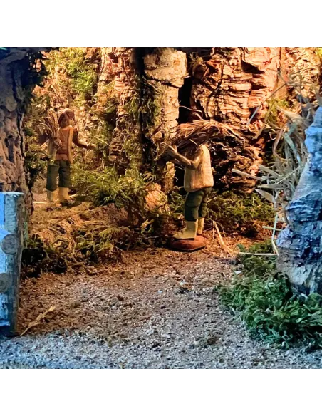 Borgo in legno e sughero per Natività da 12 con specchio, luci e fuoco