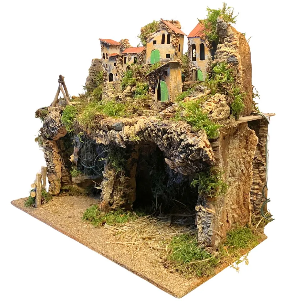 Borgo in legno e sughero per Natività da 12 con specchio, luci e fuoco