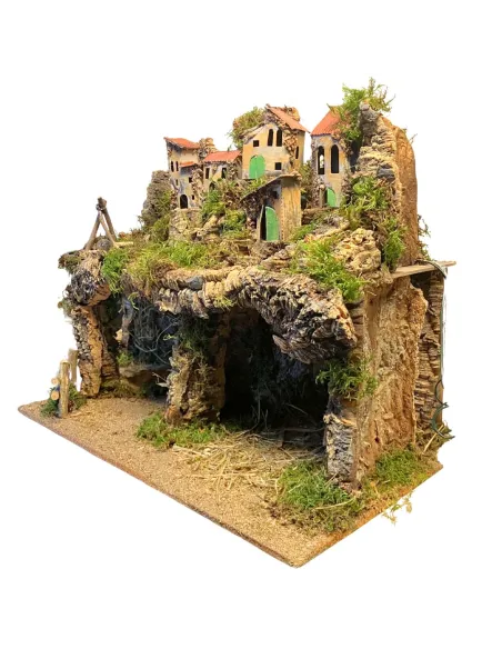 Borgo in legno e sughero per Natività da 12 con specchio, luci e fuoco