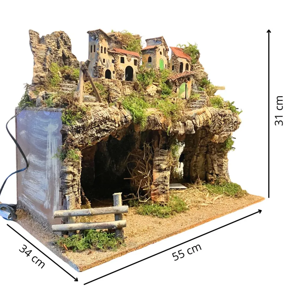 Borgo in legno e sughero per Natività da 12 con specchio, luci e fuoco