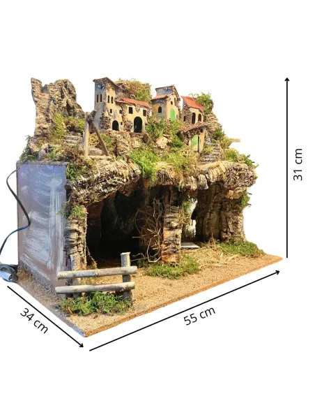 Borgo in legno e sughero per Natività da 12 con specchio, luci e fuoco