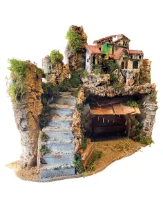 Borgo in legno e sughero per Natività da 12 cm con scale e luci 2